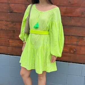 Aish Sasha Mini Dress Bright Lime Stripes Tassel Waist Tie, Small